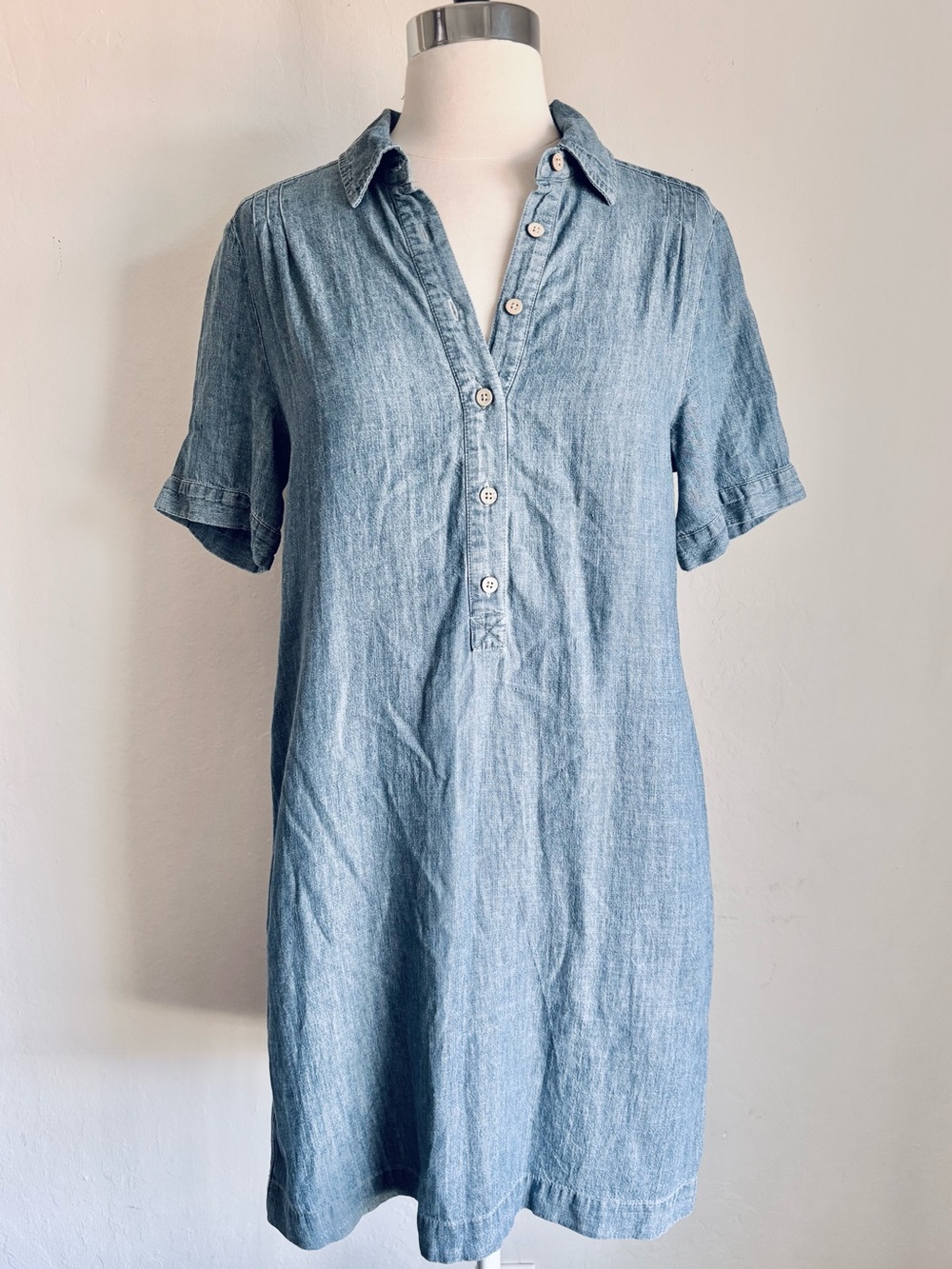 Faherty Hana Chambray Mini Shift Dress Blue Linen Pockets, Sz XS Coastal Summer